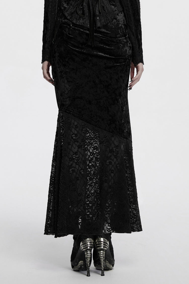 Gothic Fishtail Skirt with Batwing Embroidery & Lace Trim