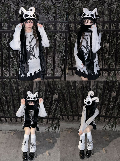 Black and White Scarf Gloves and Hat All-in-one with Horns