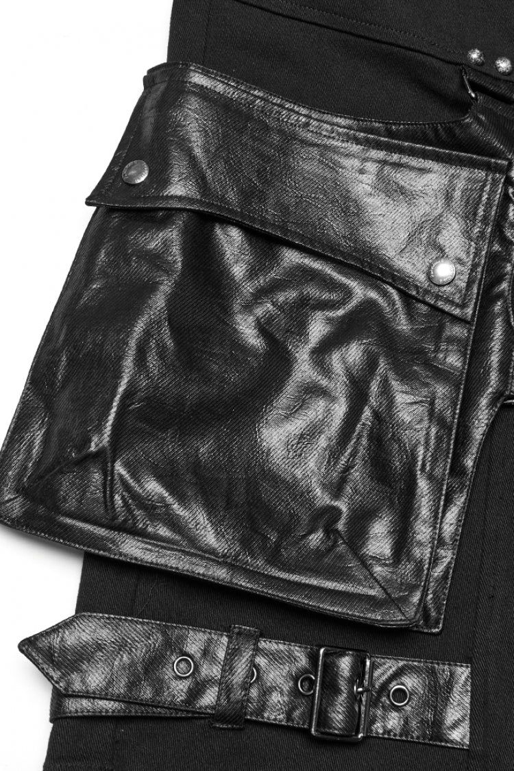 Men's Punk Shorts with Faux Leather Trim & Oversized Pockets