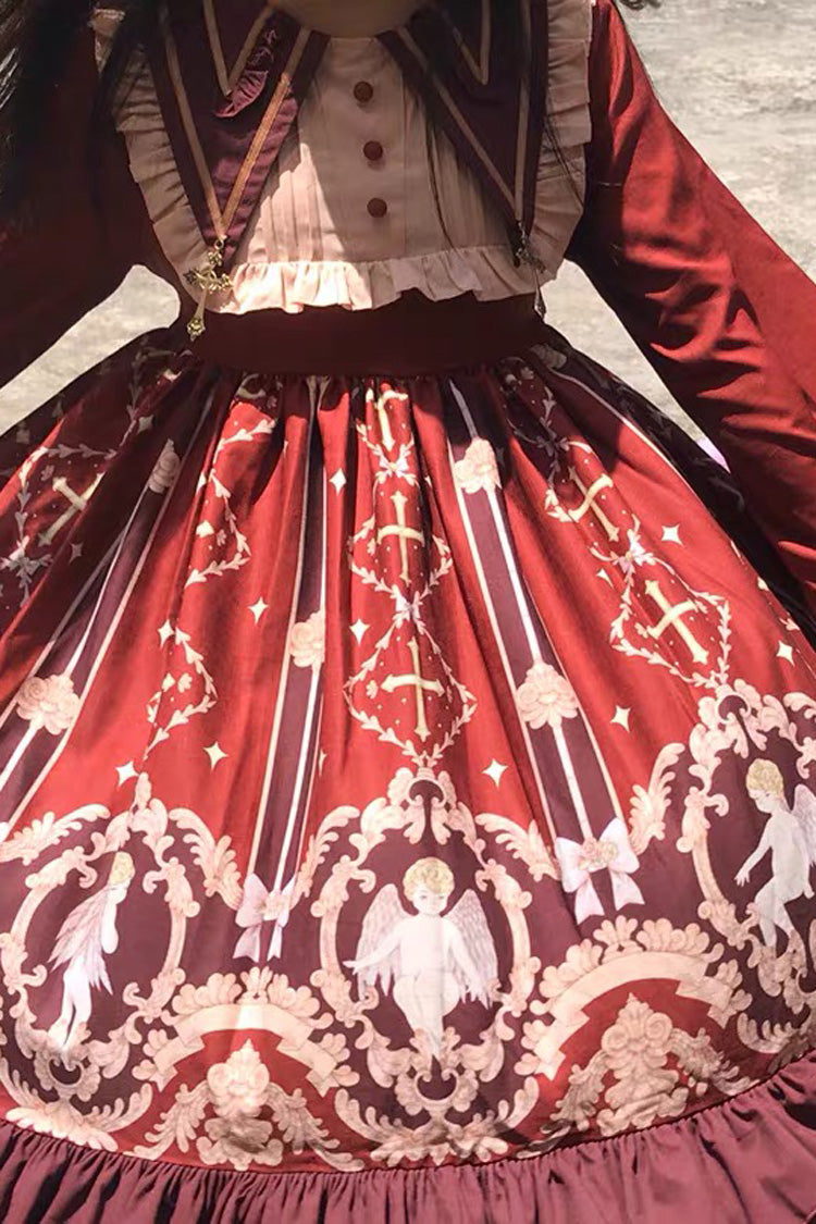 Angel Print Long Sleeve Sweet Lolita Dress with Bow and Ruffles