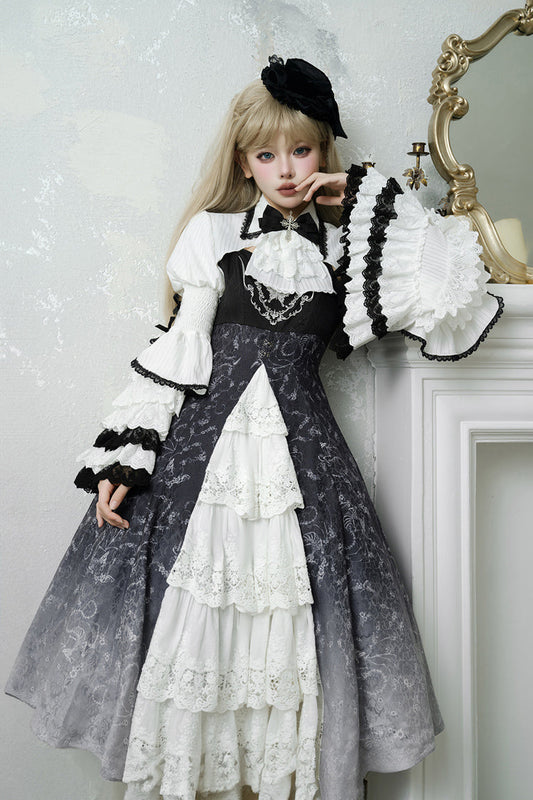Monochrome Gothic Princess JSK with Bone Print, Ruffled Cardigan, and Lace