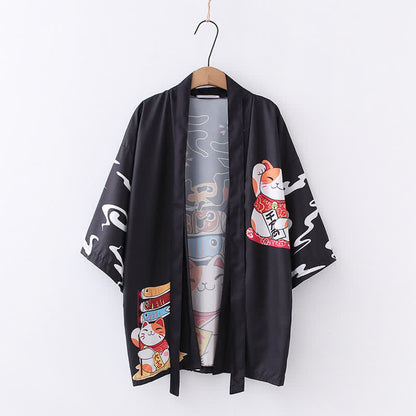 Lucky Cat Print Cardigan Kimono Outerwear