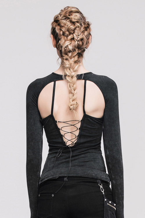 Women's Punk T-Shirt with Hollow Out Long Sleeves Straps Design