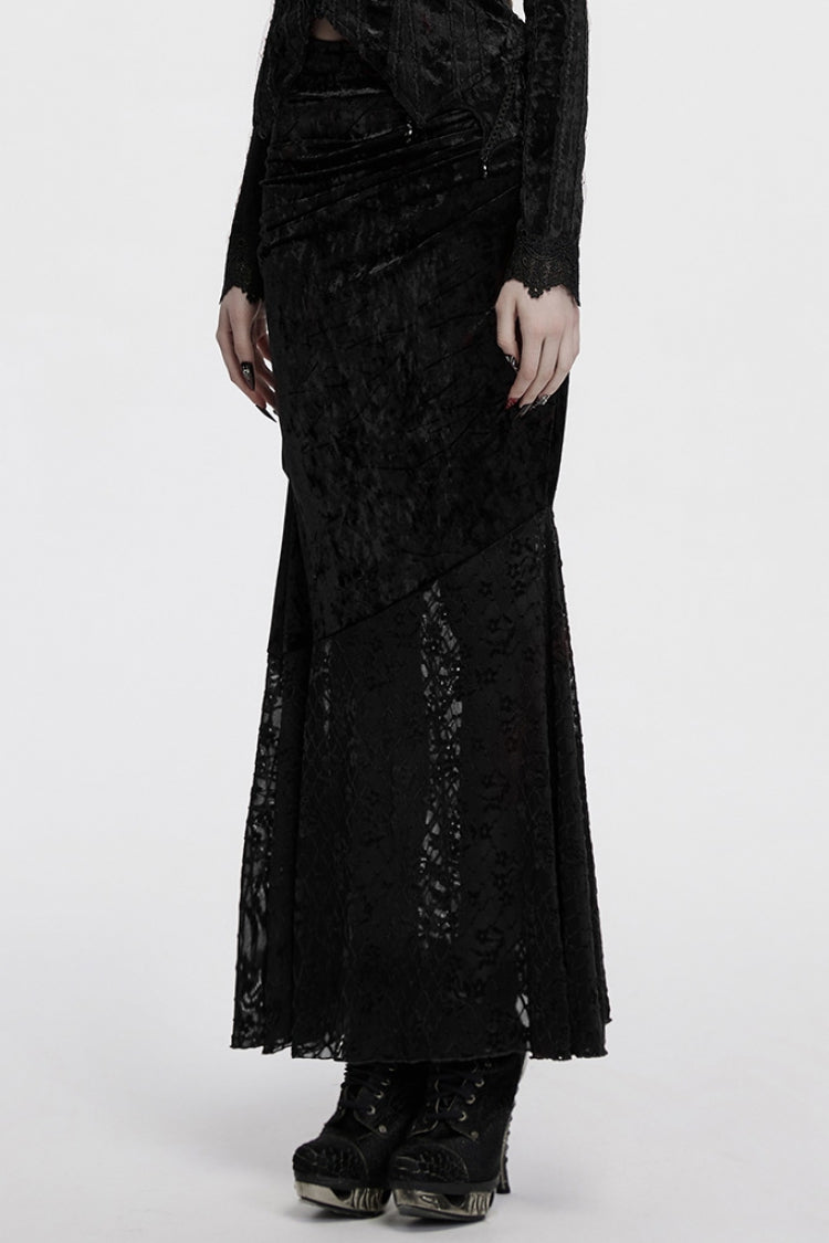 Gothic Fishtail Skirt with Batwing Embroidery & Lace Trim