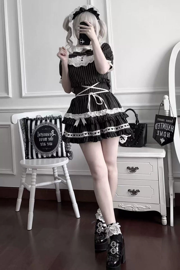 Japanese Skirt Set with Striped Print and Doll Collar