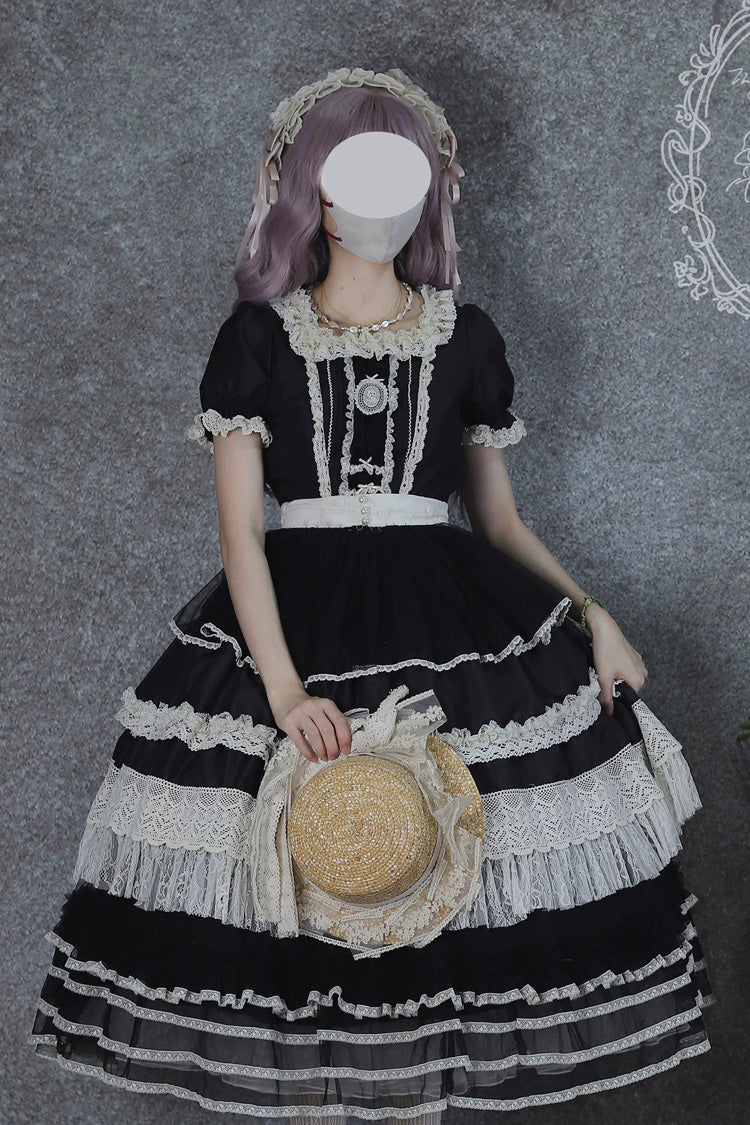 Noir Square Neck Short Sleeve Lace Pearl Sweet Dress - Vintage Ball 3.0