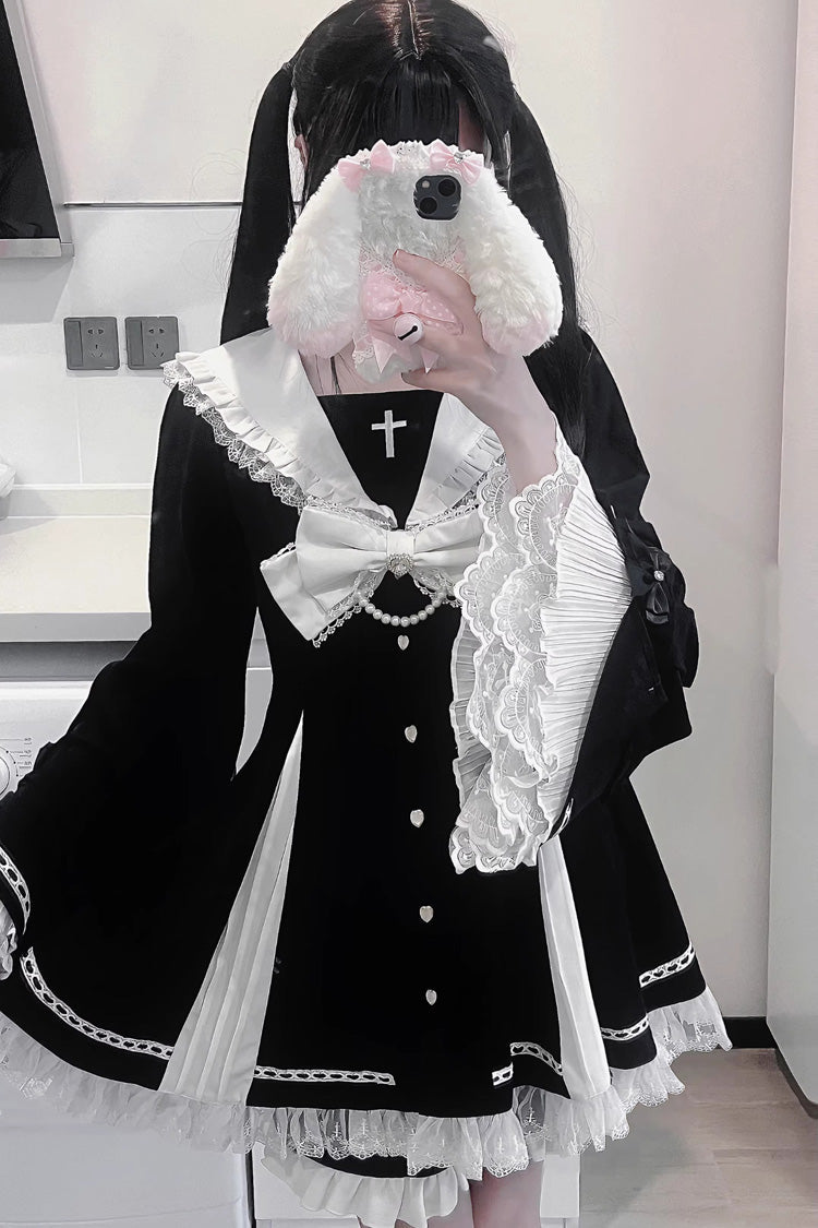 Square Collar Long Sleeves Bow Lace Pearl-Decorated Sweet Jirai Kei Dress and Short Set