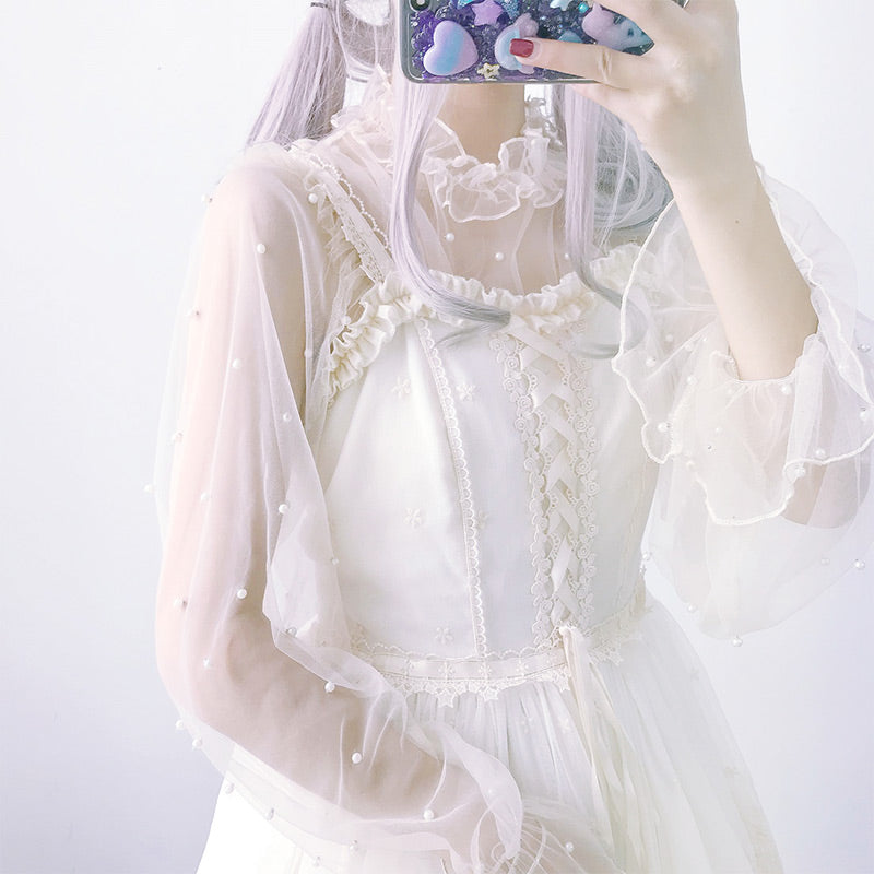 Fairy Pearl Decor Tulle Flouncing Sleeve Cardigan Shirt