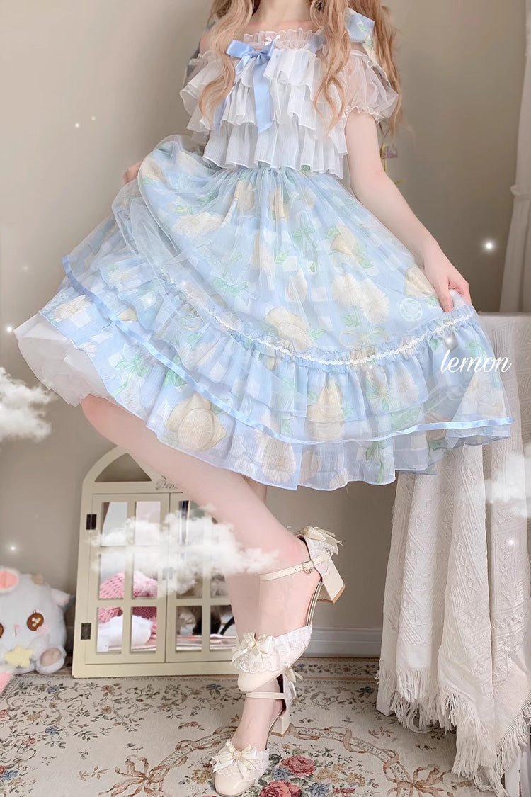 Blue Lemon Sweet Lolita Short Sleeve Print Ruffle Bowknot Jsk Dress