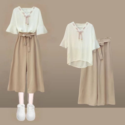 Elegant Bowknot Chiffon T-Shirt Lace Up Wide Leg Pants