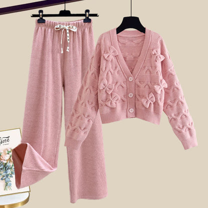 Bow Knot V-neck Cardigan Sweater Casual Pants