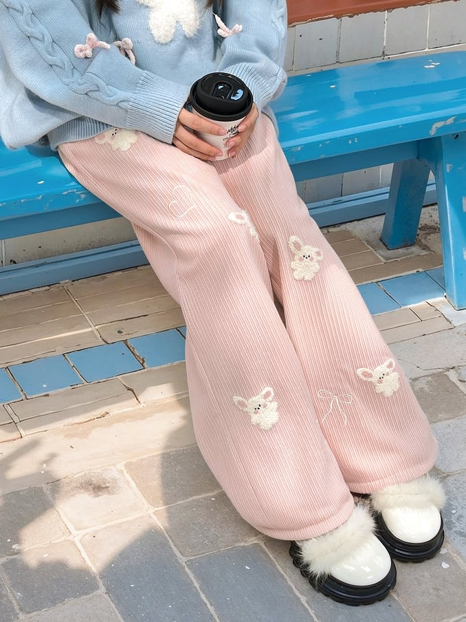 Pink Plush Bunnies Straight-leg Cut Pants