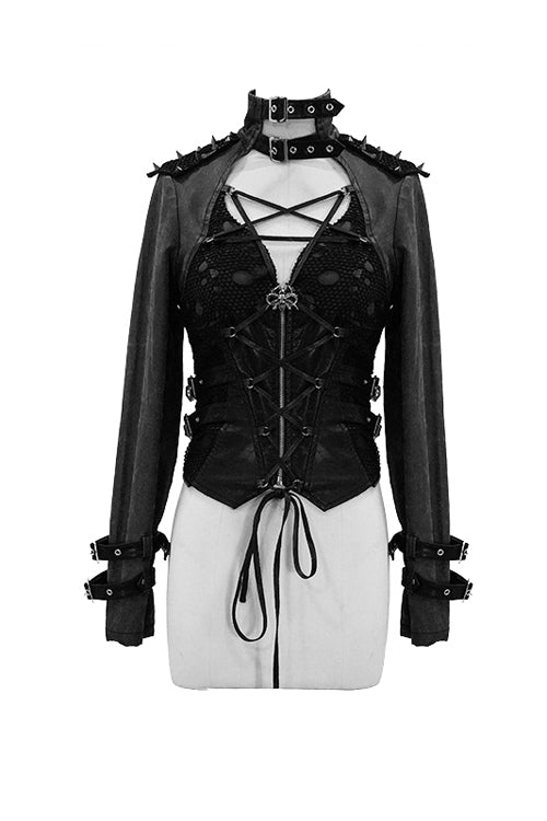 Noir Punk Coat with Spikes and Zipper Front