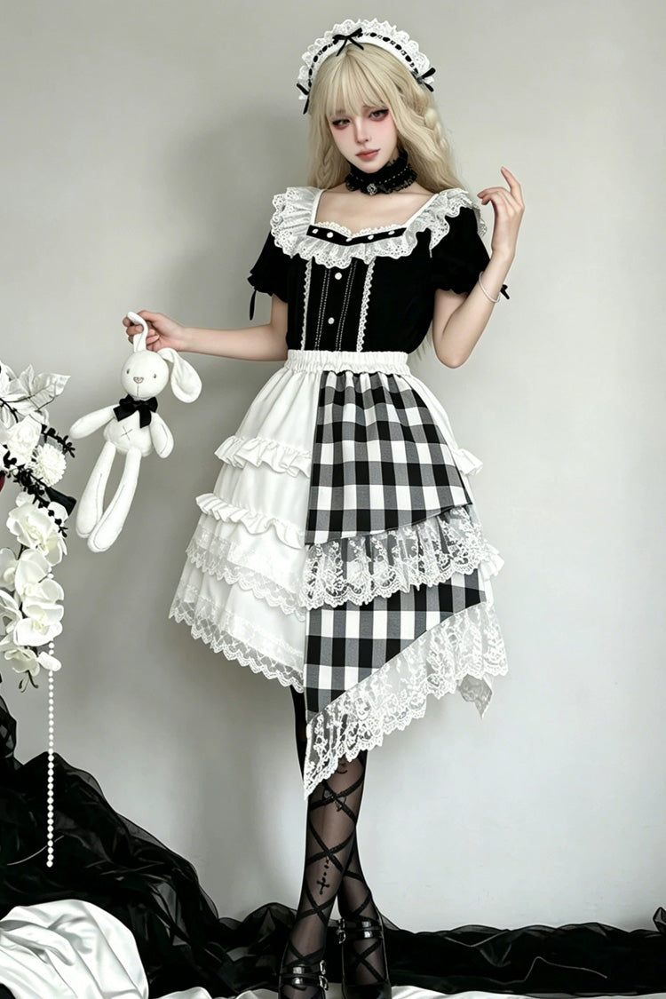 Monochrome Plaid Gothic Skirt Set with Lace and Asymmetric Hem