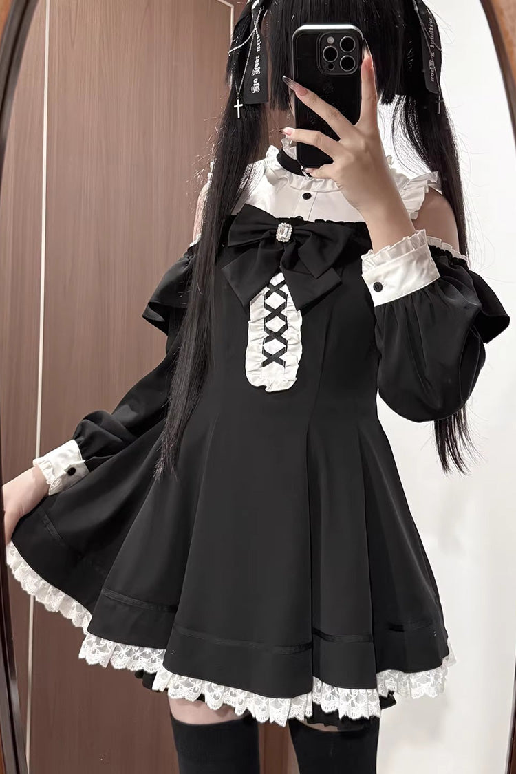 Monochrome Off-Shoulder Jirai Kei Dress Set with Ruffled Long Sleeves
