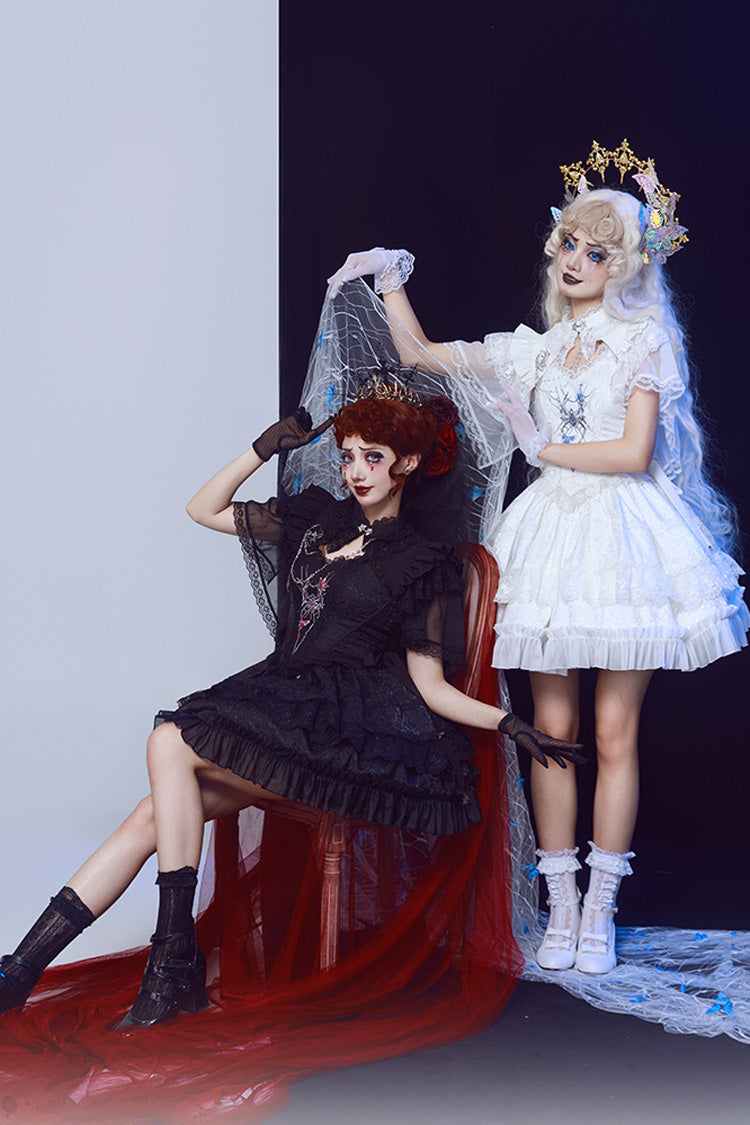 Sleeveless Gothic Lace Skirt Set with Spider Bow