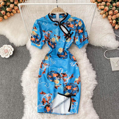 Charming Blue Floral Buckle Split Cheongsam Dress