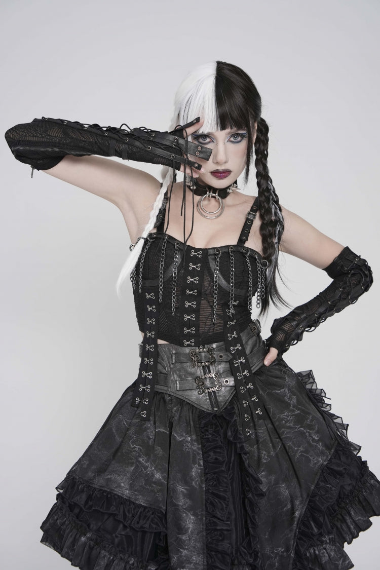 Noir Punk Fingerless Gloves with Mesh and Eyelets