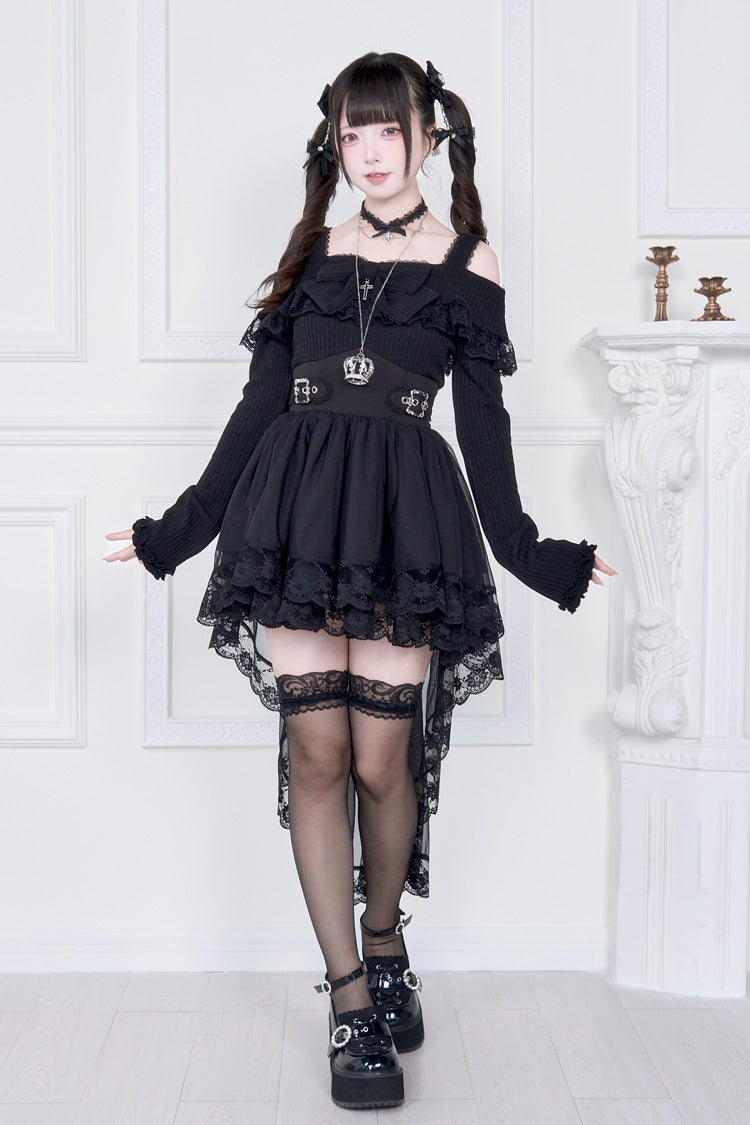 Off Shoulder Long Sleeve Ruffled Bow Lace Gothic Dress