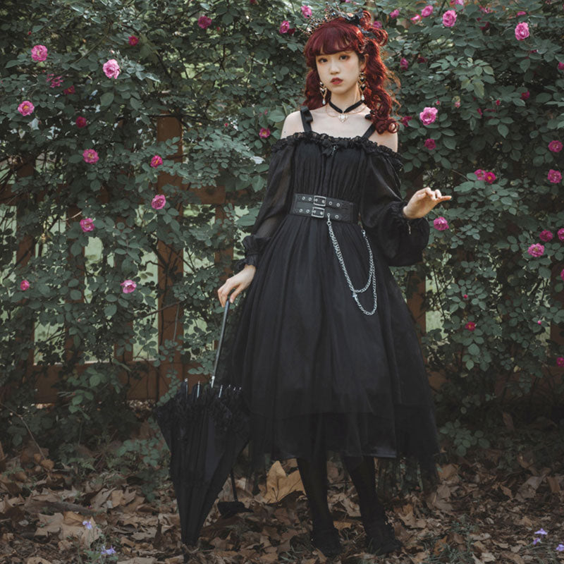 Black Chain Belt Long Sleeve Slip Lolita Dress