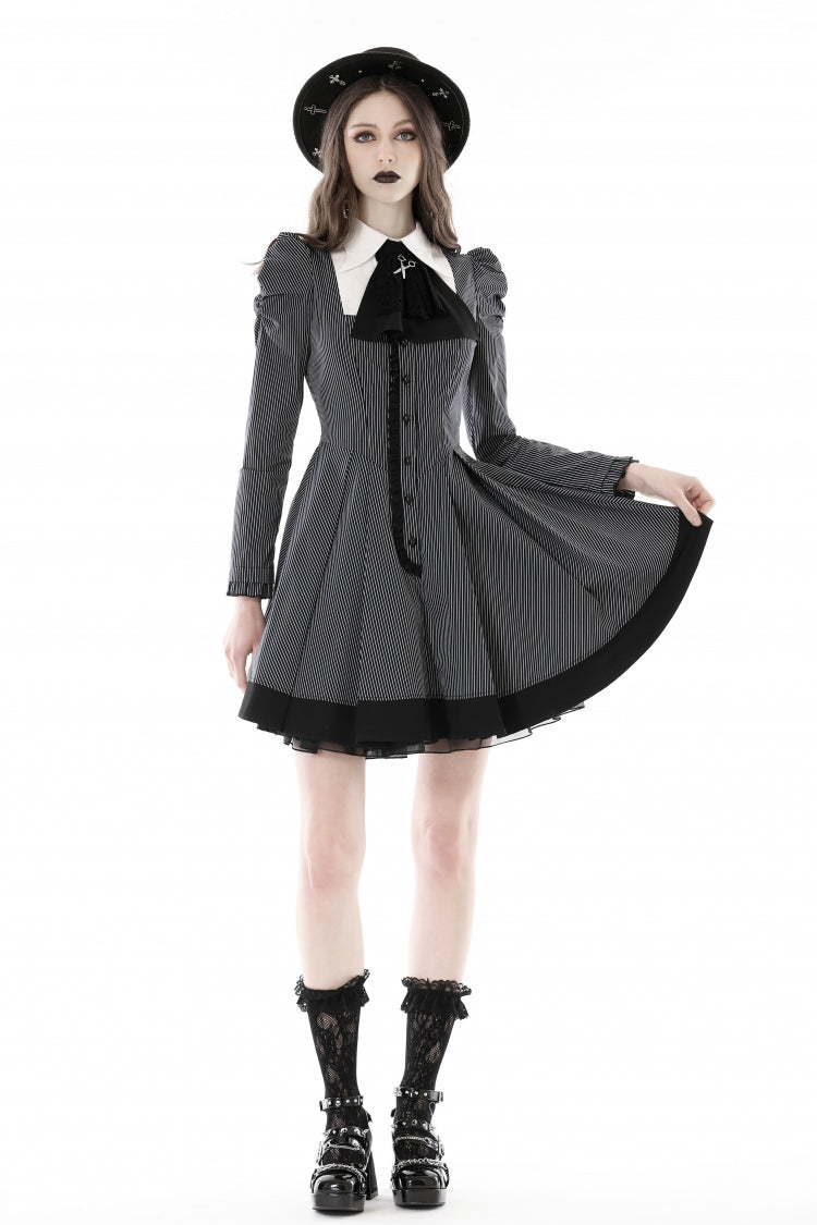 Black/White Notch Collar Puff Sleeve Gothic Striped Preppy Dress