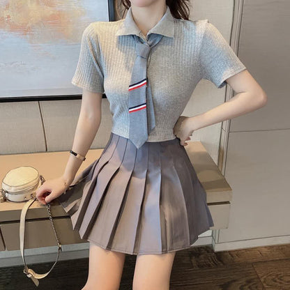 Tie Polo T-Shirt Crop Top Pleated Skirt Set