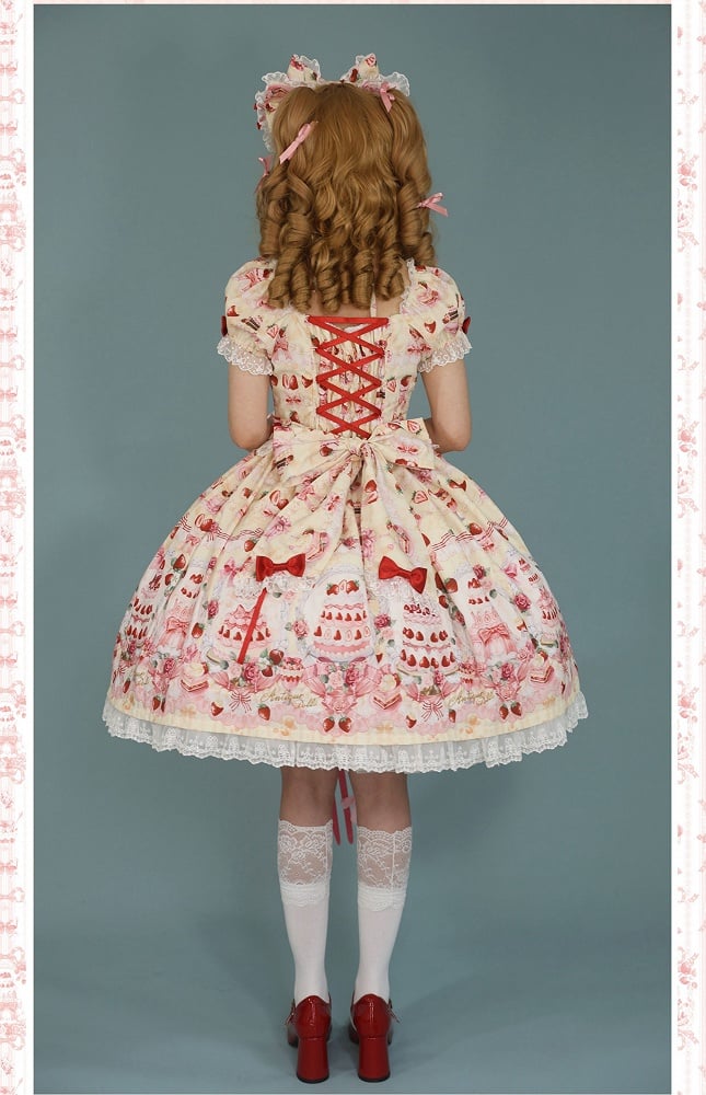 Accents Print Lolita Full Sweet Yellow Cake Bow Set Dress / Strawberry