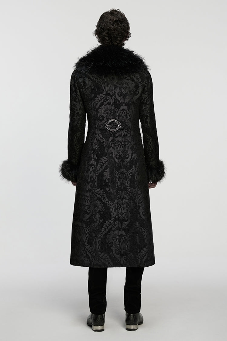 Men's Gothic Long Coat with Faux Fur Collar, Jacquard & Zipper in Black