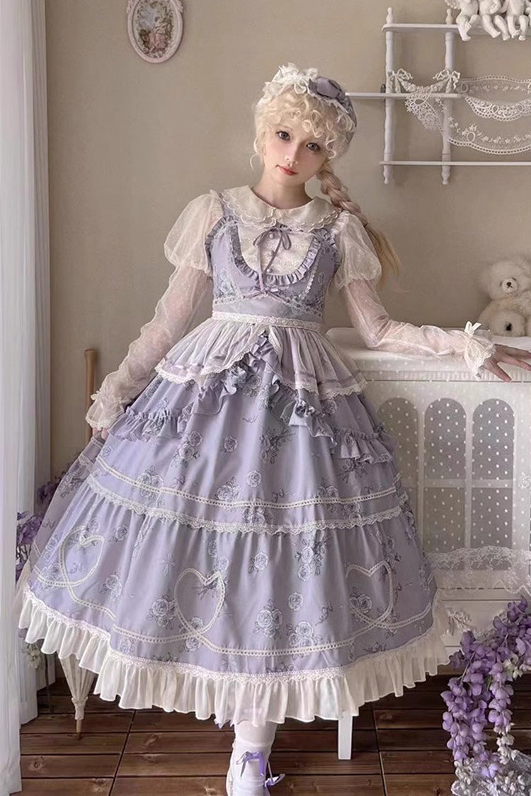 Rose Print Sweet JSK Dress with Puff Sleeves - Lolita