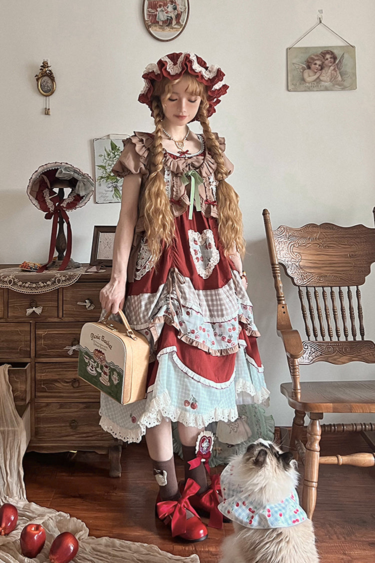 Cherry Print Multilayer Ruffle Embroidery Sweet Lolita Dress