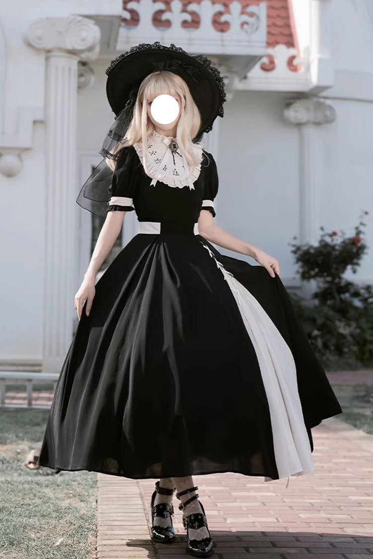 Monochrome Color-Blocked Gothic Dress with Detachable Embroidered Faux Collar