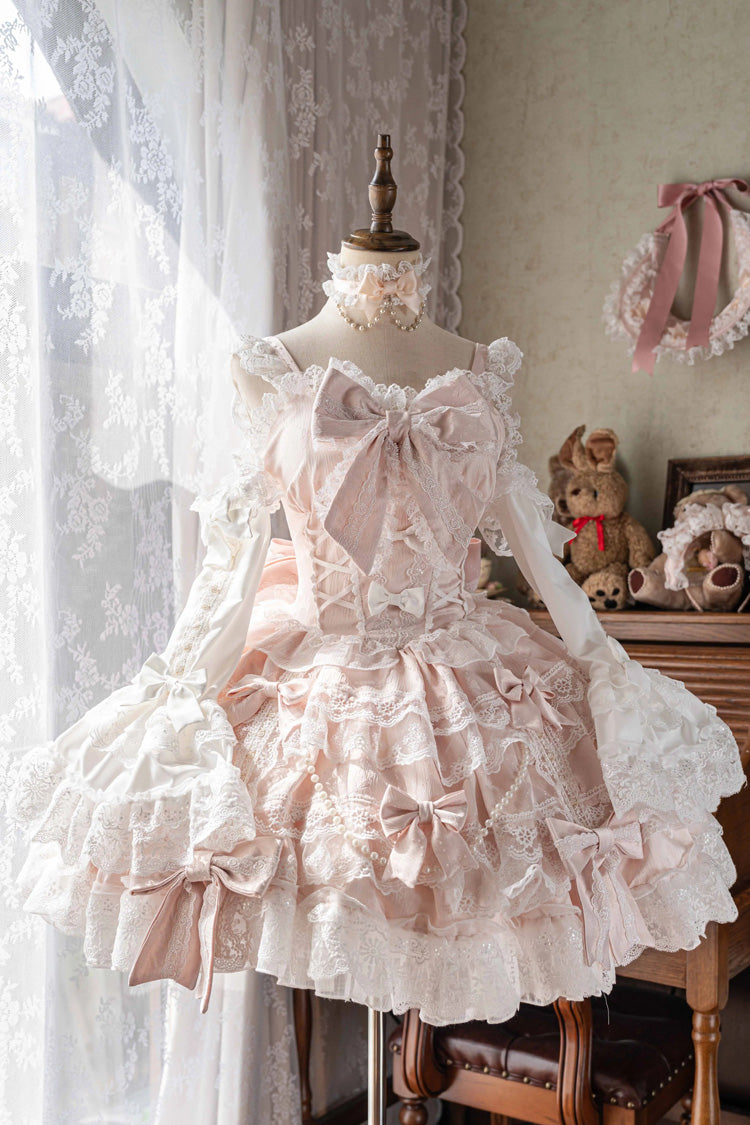 Small Cakes Sleeveless Multi-Layered Ruffled Bow Lace Sweet Lolita JSK Dress - Pink