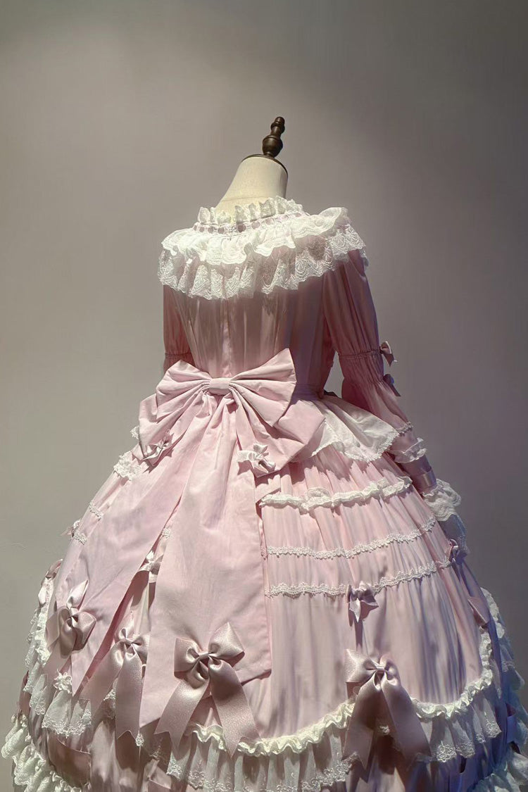 Pink Round Collar Long Trumpet Sleeve Bow Lace Elegant Princess Dress