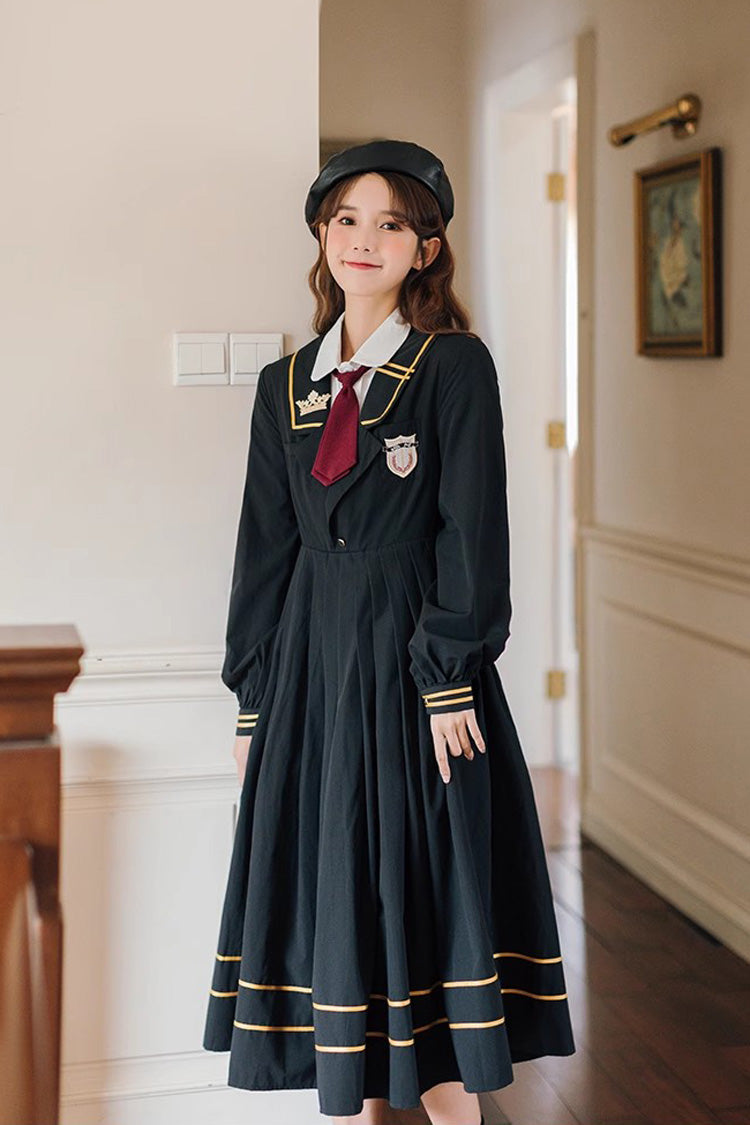 Black Embroidery Dress with Long Sleeves - College Style