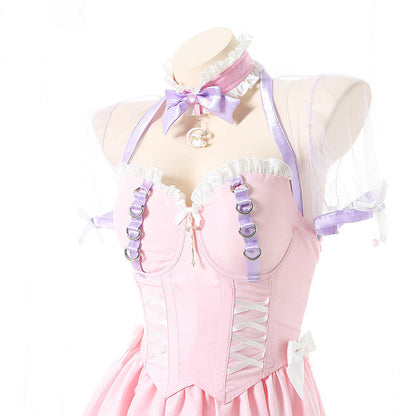 Pink Lace Up Lolita Maid Dress Set