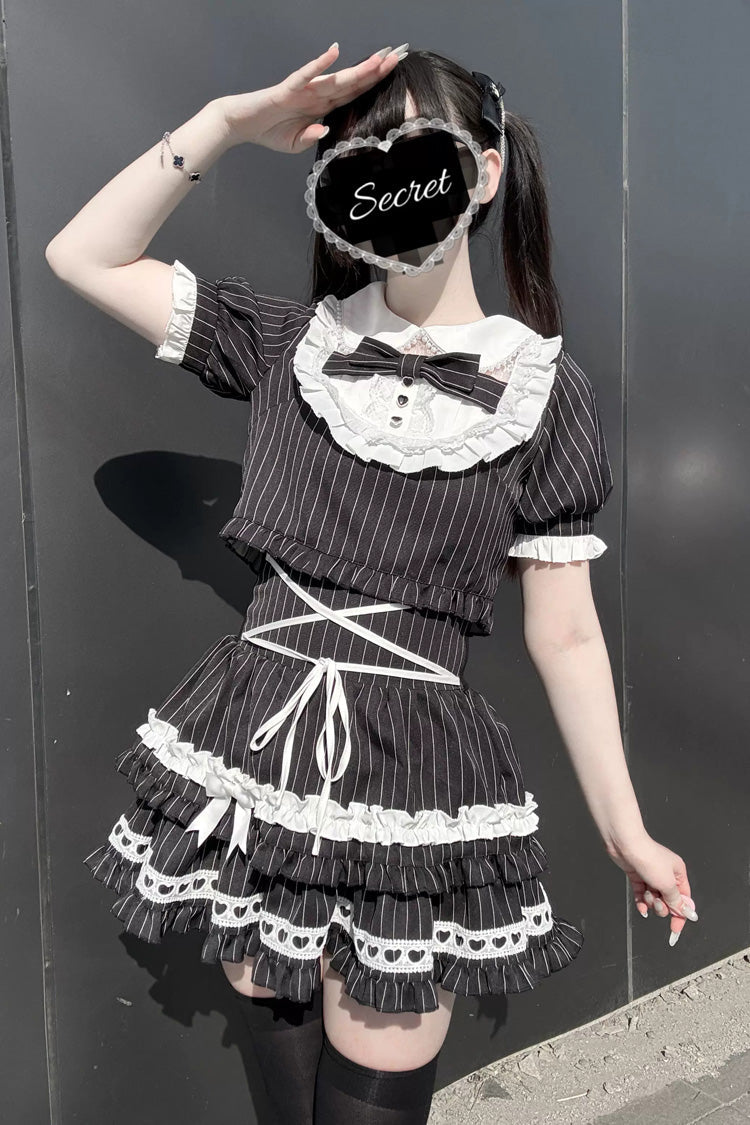 Japanese Skirt Set with Striped Print and Doll Collar