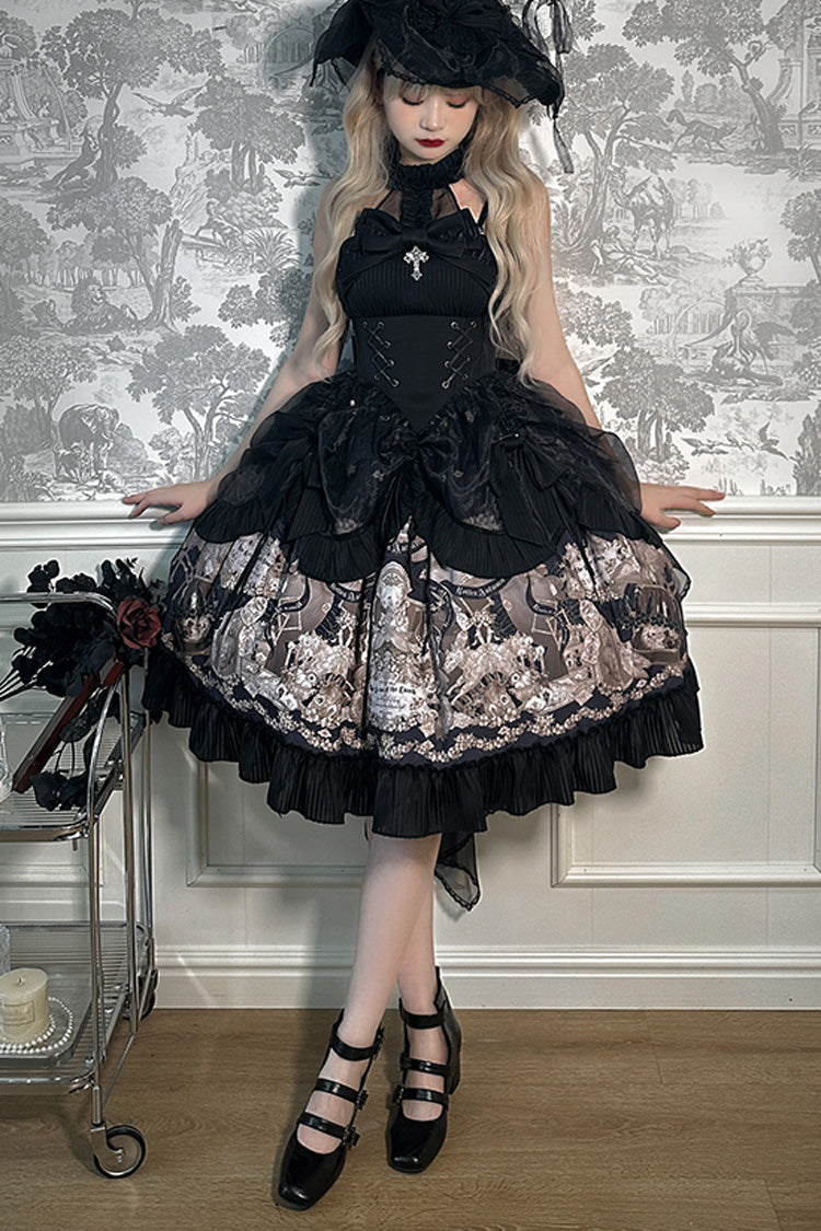 Noir Halter Neck Printed Ruffle Bow Drawstring Gothic Dress - The Mystery of The Doll