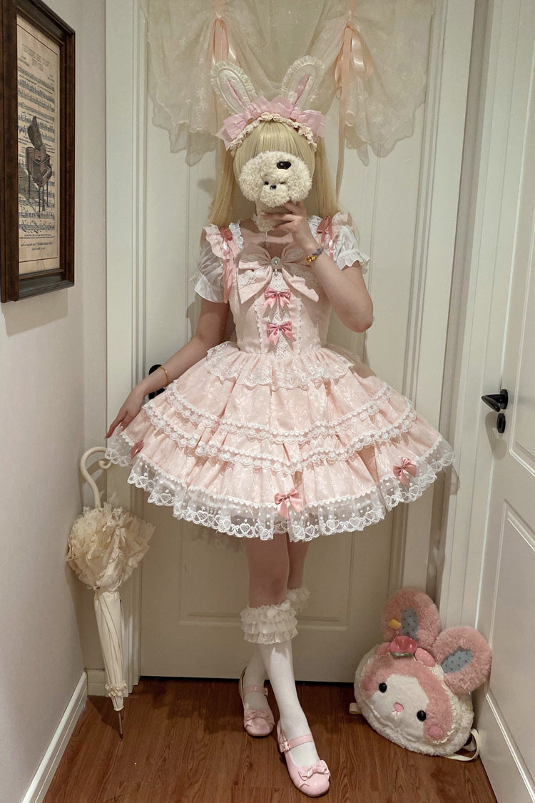 Rose Mist Cherry Multi-Layer Bow Lace Lolita Jumper - Sweet Mist Cherry Romance