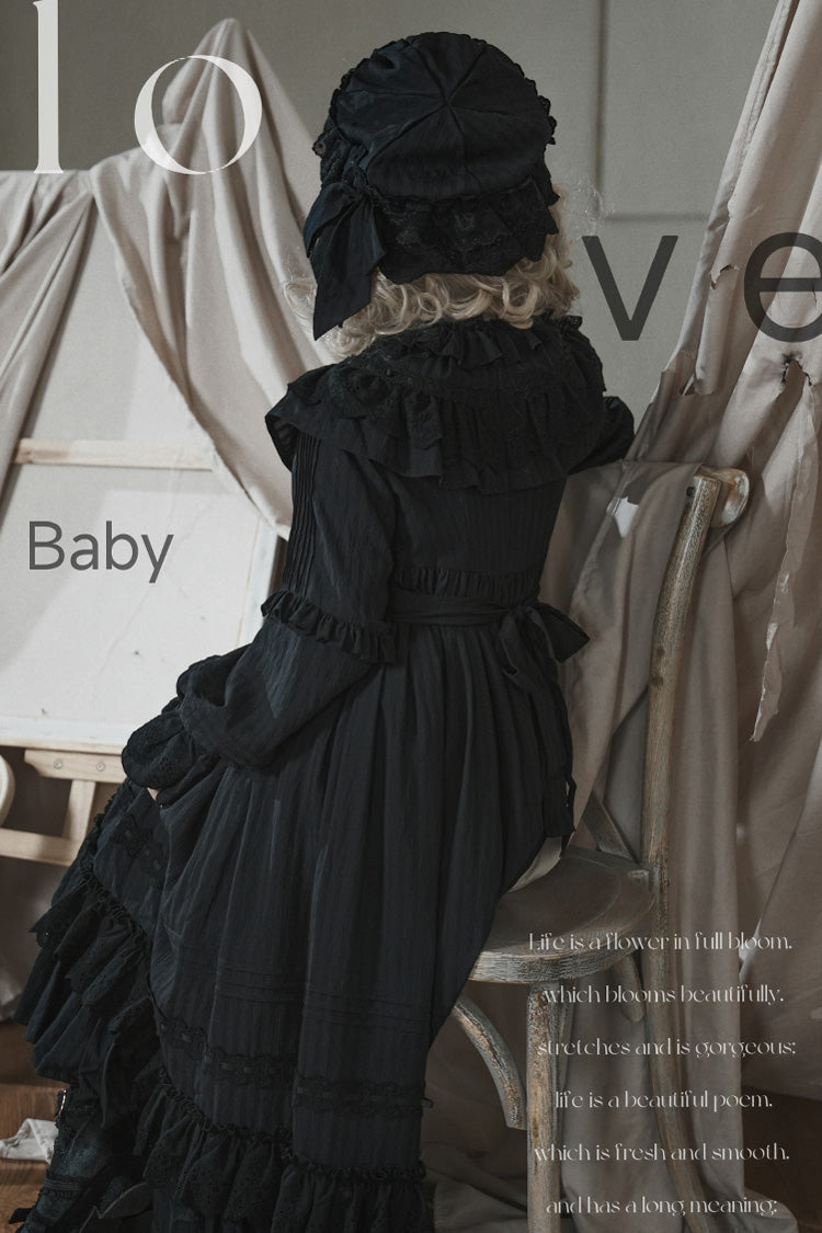 Black Good Night Long Sleeve Double-Layered Ruffle Bowknot Holy Dress