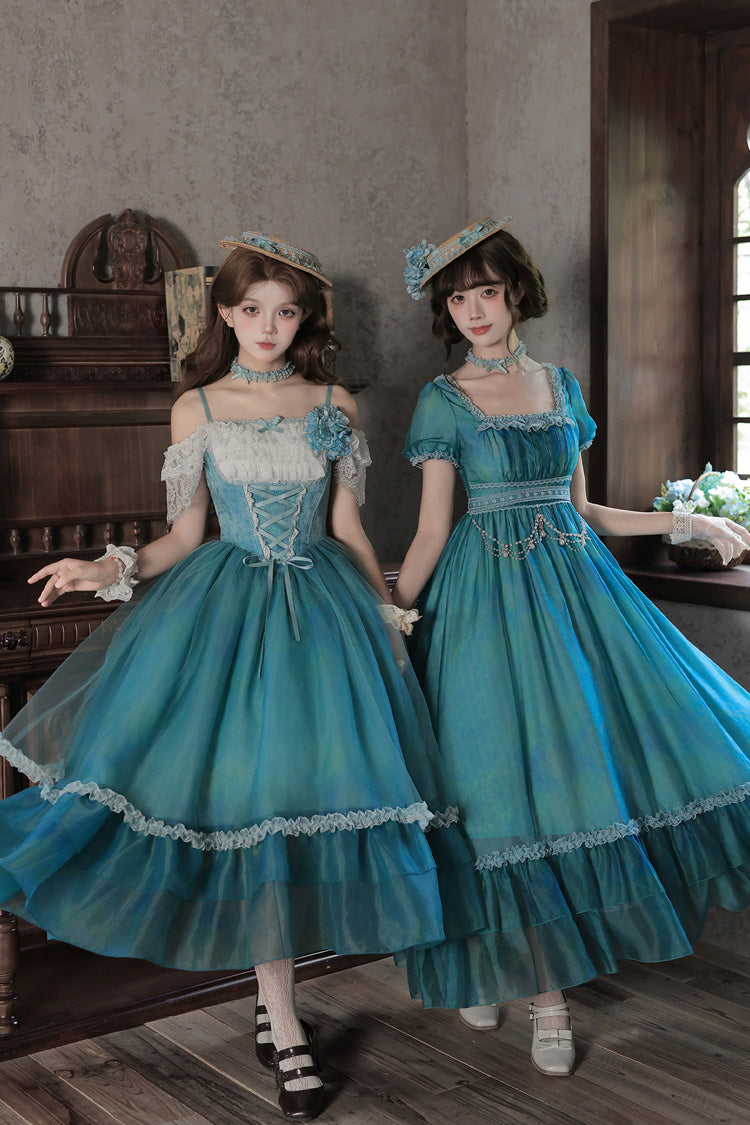 Water Lily Square Collar Ruffled Lace-Up Royal Lolita Dress