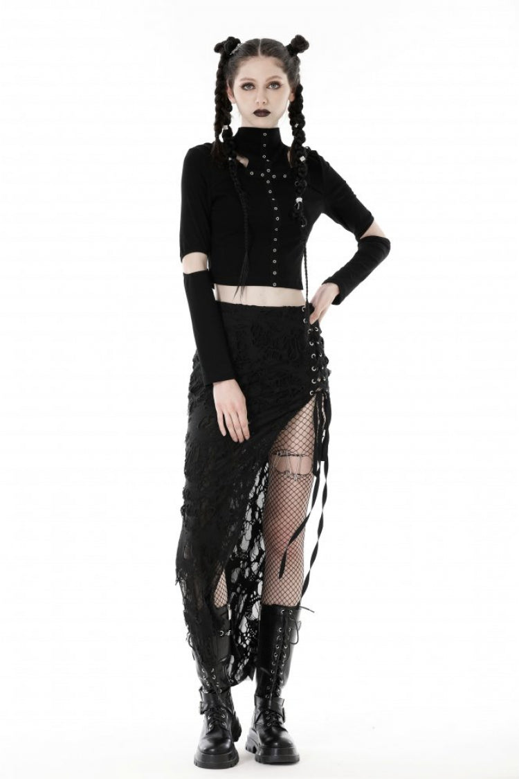 Raven Cross Eyelet Cut-Out Punk Crop Top with Ripped Hood for Women