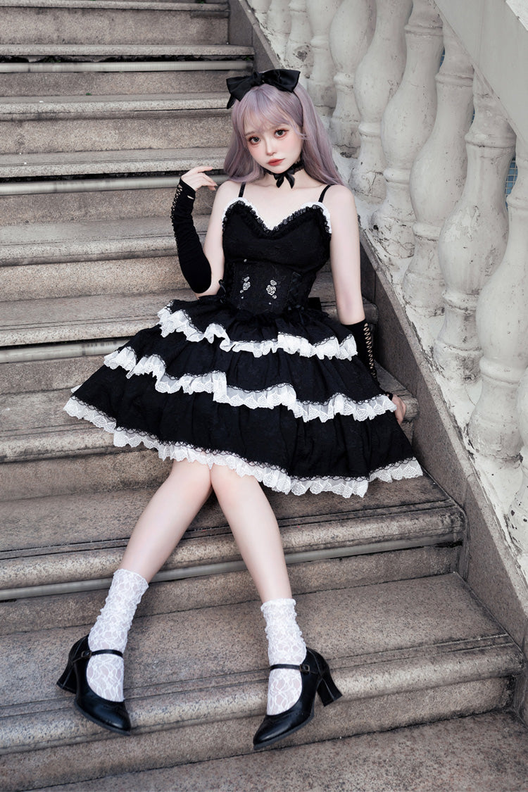 Midnight Ruffled Embroidered Bow Accent Gothic JSK Frock