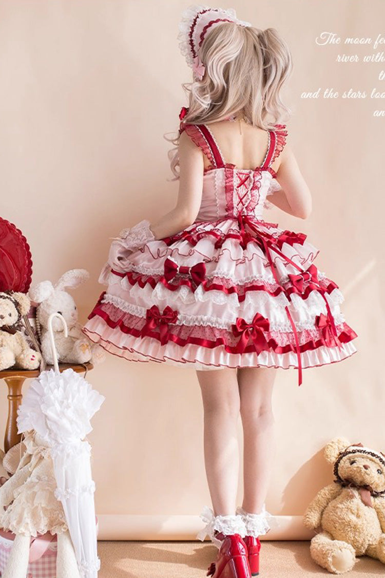 Ribbon Berries Sleeveless Multi-Layered Ruffled Bow Lace Sweet Lolita JSK Dress - Red