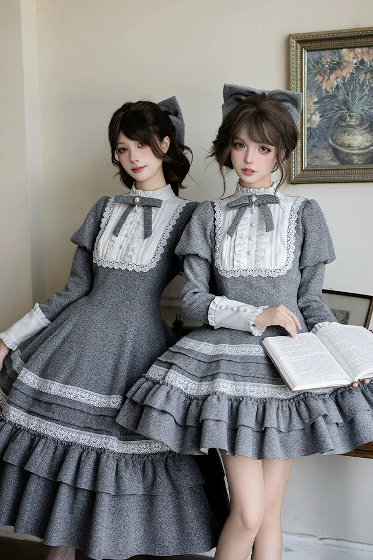 Ash Stand-Collar Ruffled Bow Lolita Gown with Poetry Motif