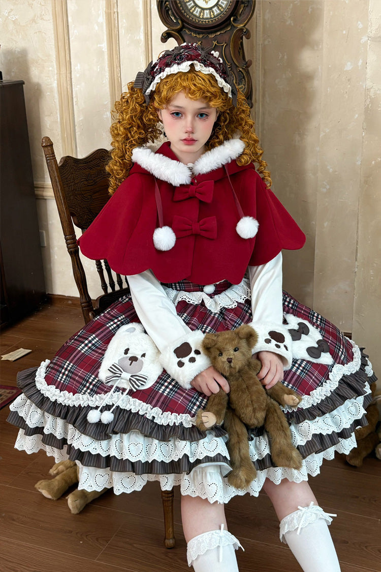 Red Long Sleeves Triple-Layered Printed Ruffled Bow Sweet Lolita Jsk Dress Set