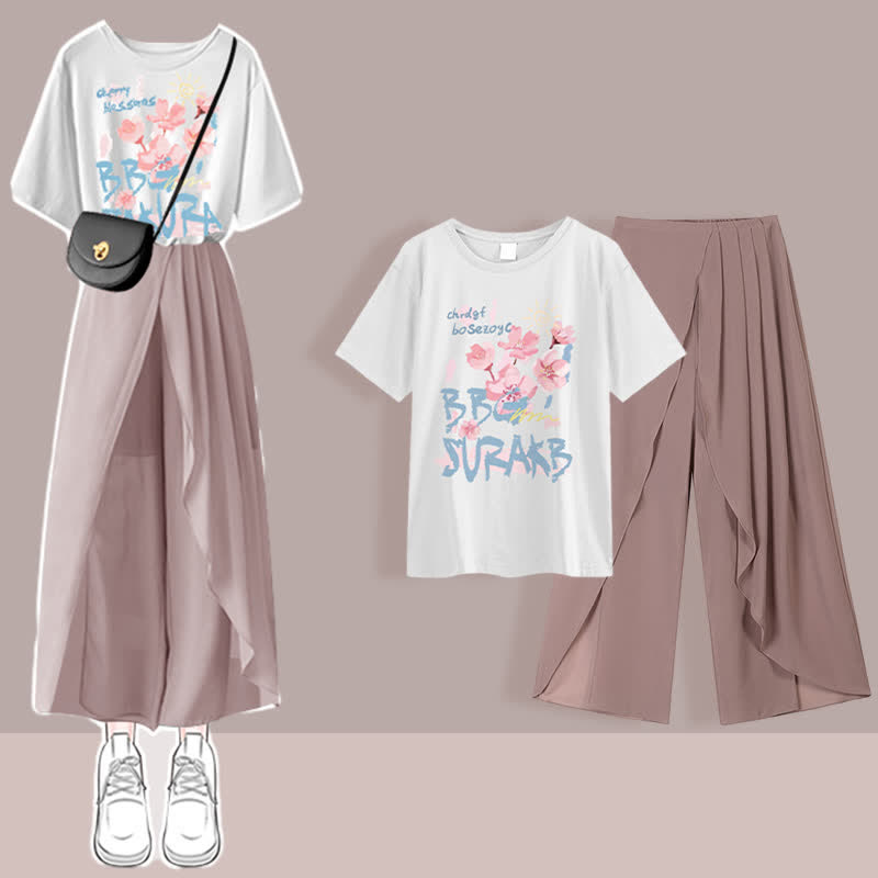 Printed T-Shirt Chiffon Pleated Split Pants Set