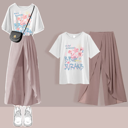 Printed T-Shirt Chiffon Pleated Split Pants Set