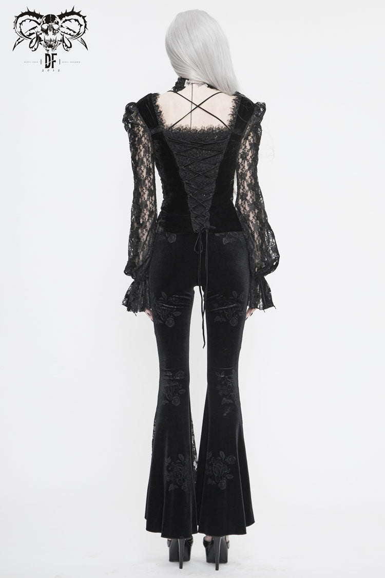 Women's Gothic T-Shirt in Black with Decals, Lantern Sleeves, Lace Cuffs & Back Lace-Up Velvet Knit