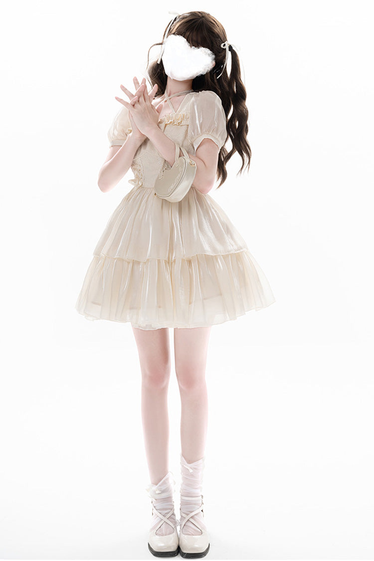 Apricot Prussian Legend Short Sleeves Multi-Layered Jacquard Ruffle Bow Sweet Dress