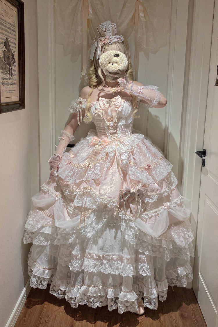 Pink [Anna’s Ball] Square Collar Ruffled Hanayome Bow Lace Sweet Princess Ballet Lolita Jsk Dress